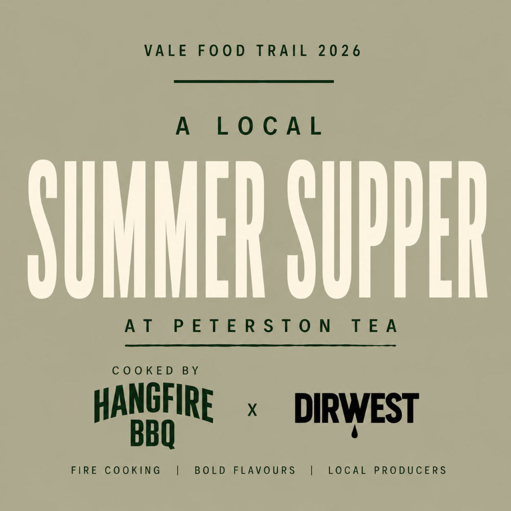 A Local Summer Supper event poster for Vale Food Trail 2026 at Peterston Tea, featuring Hangfire BBQ and Dirwest. Sage green minimalist design promoting a locally sourced seasonal supper event with fire cooking, bold flavours and local producers