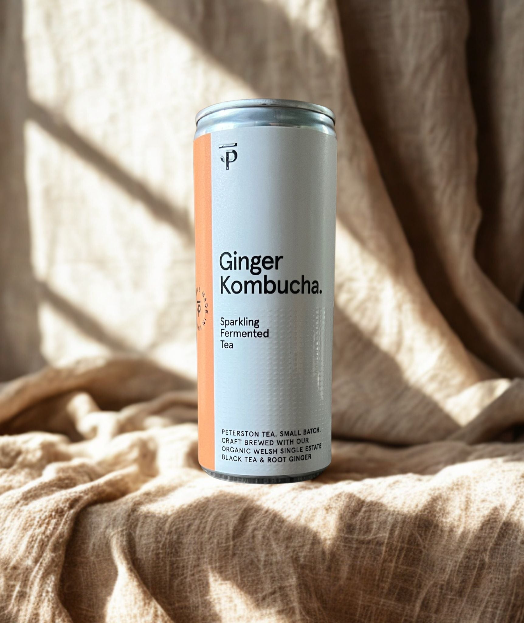 Can of organic ginger kombucha on a fabric background