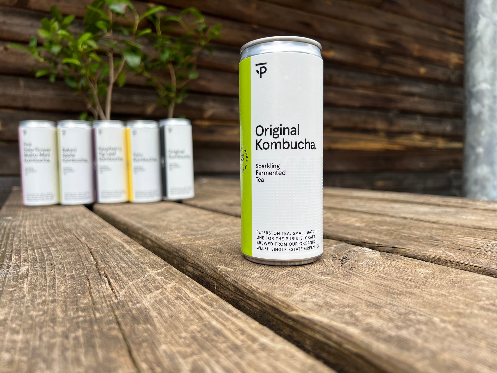 Can of Original Green Tea Kombucha on a wooden surface with more cans in the background.