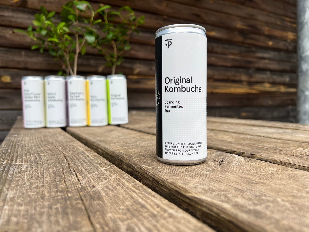 Can of Original Black Tea Kombucha on a wooden surface with other cans in the background