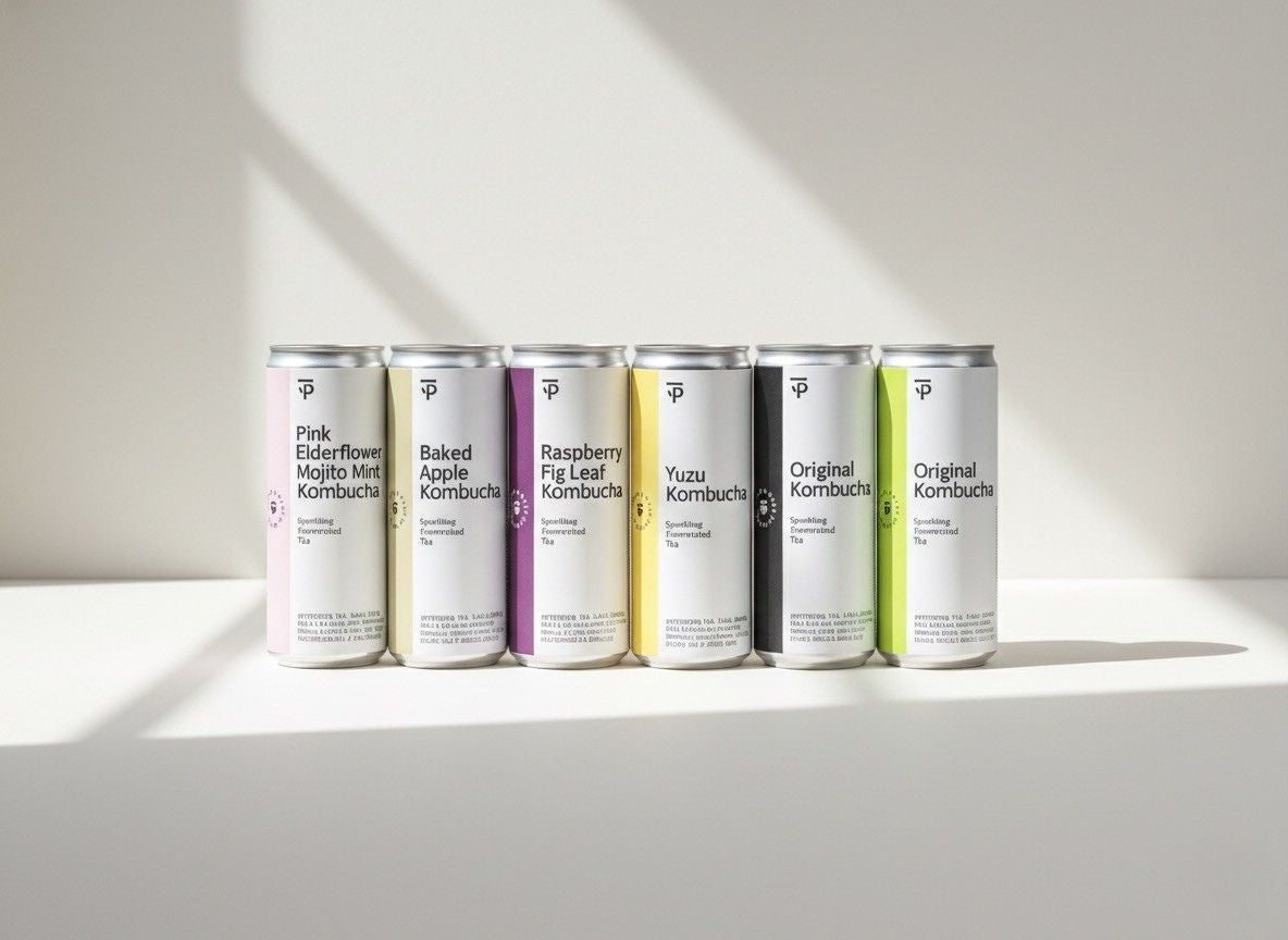 Row of organic kombucha cans with labels on a light background