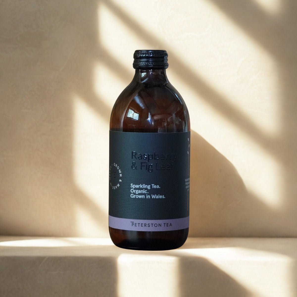 A bottle of Peterston Tea Raspberry &amp; Fig Leaves sparkling tea, made from organic tea grown in Wales, shown in an amber glass bottle with a dark charcoal label and black cap, set on a beige surface with dramatic diagonal shadows.